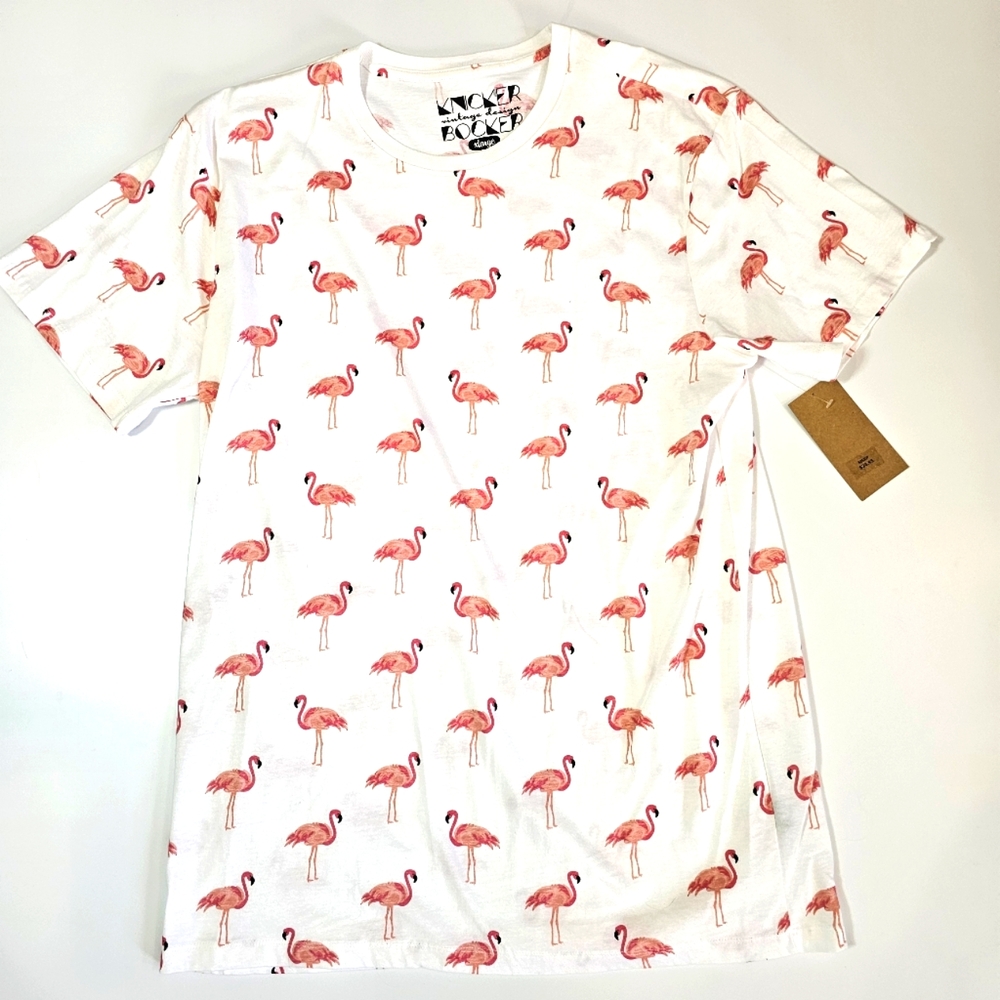 Mens White and Pink Flamingo T-shirt Vintage XL